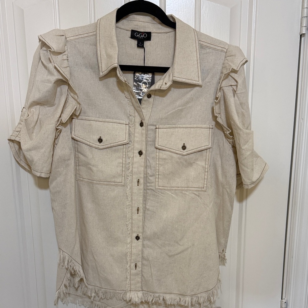 Gigo Beige Button-Front Ruffle Sleeve Shirt